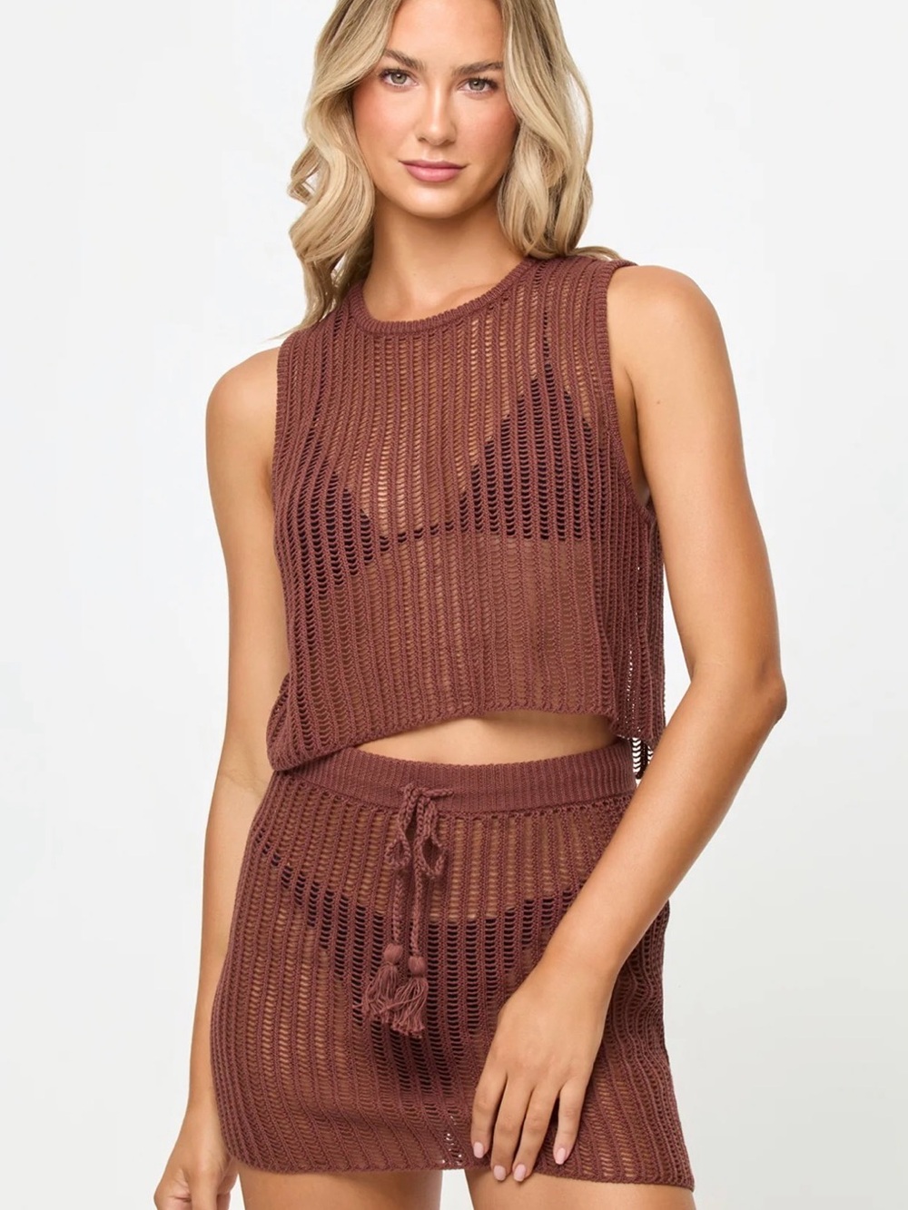 🔘l*space Cafe Brown “Sander” Crochet Cropped Tank and Mini Skirt Set